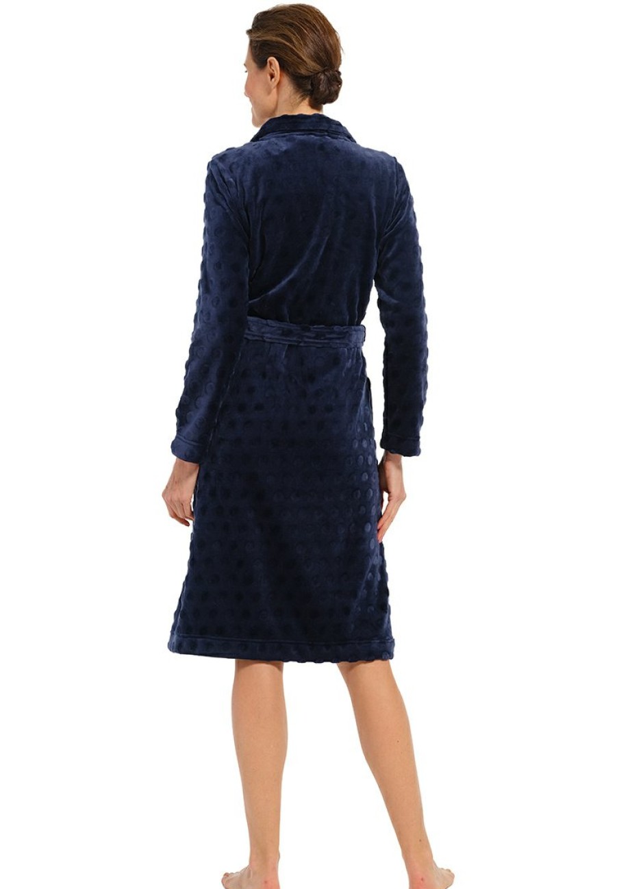 Pastunette Bathrobes | Pastunette Ladies Dark Blue Soft Fleece Morninggown With Full Zip 'Dotty Circles'