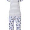 Pastunette Pyjamas | Pastunette Short Sleeve Stripey Cotton 3/4 Pyjama Set 'Stripes & Little Blue Blossom'