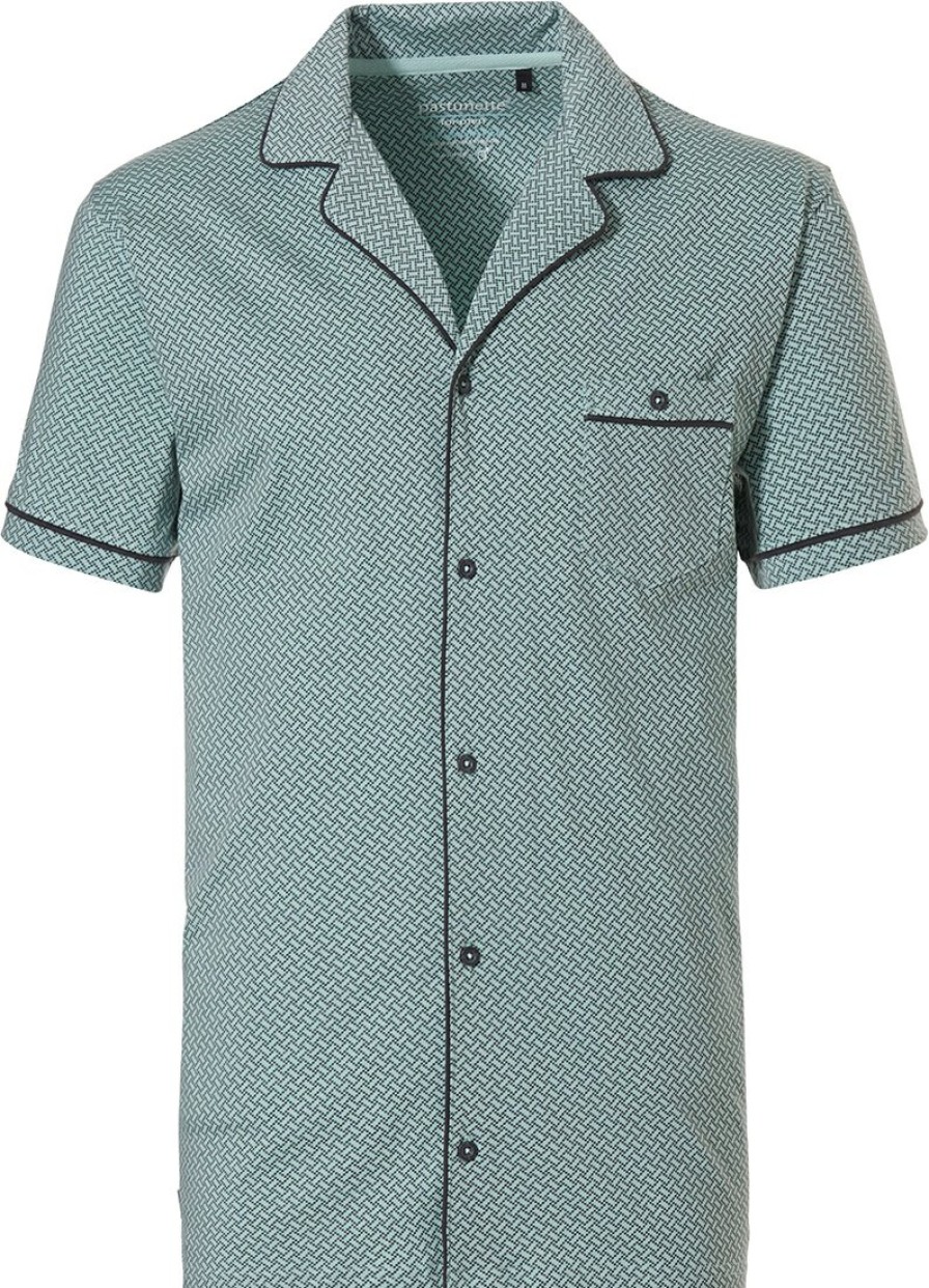 Pastunette for Men Mix & Match | Pastunette For Men Light Green Short Sleeve Mens Full Button Cotton Pyjama Top 'Link Of Bricks'