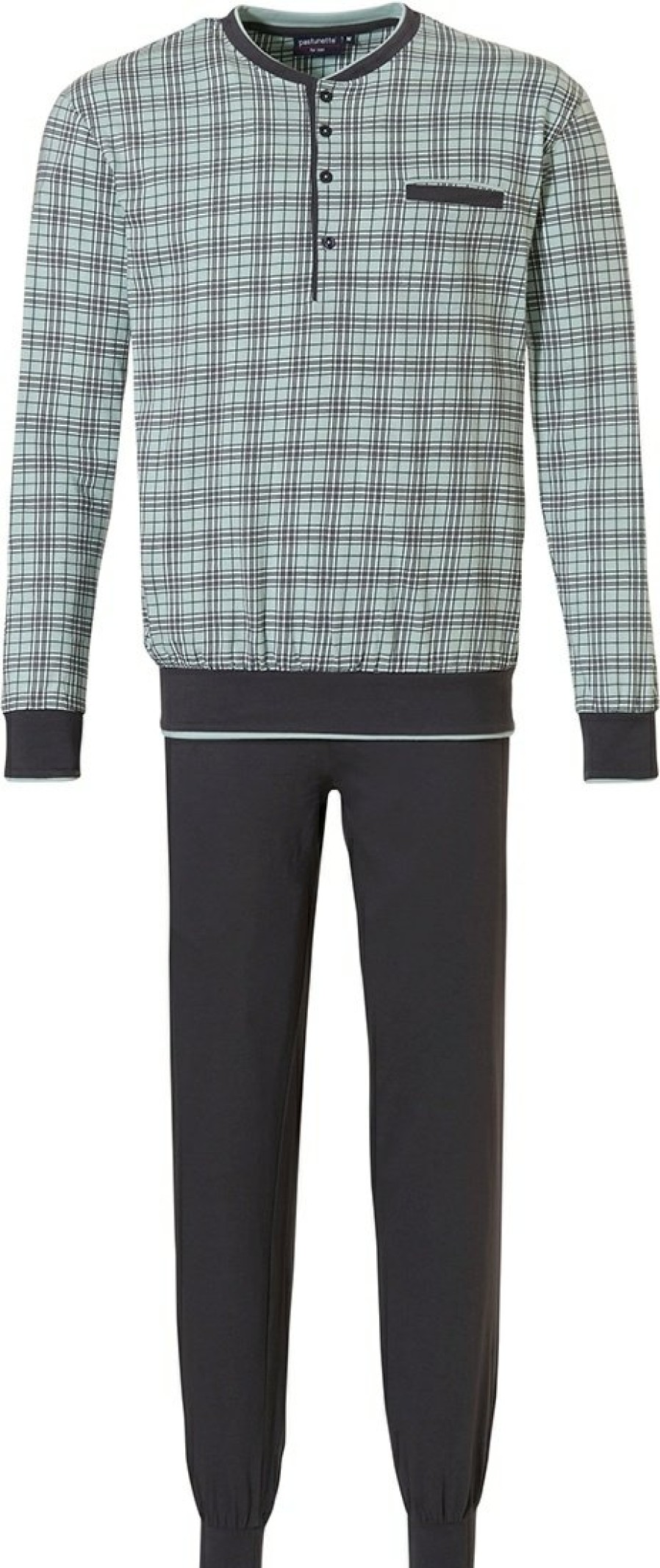 Pastunette for Men Pyjamas | Pastunette For Men Light Green Cotton Pyjama Set With Buttons 'Checked Up'