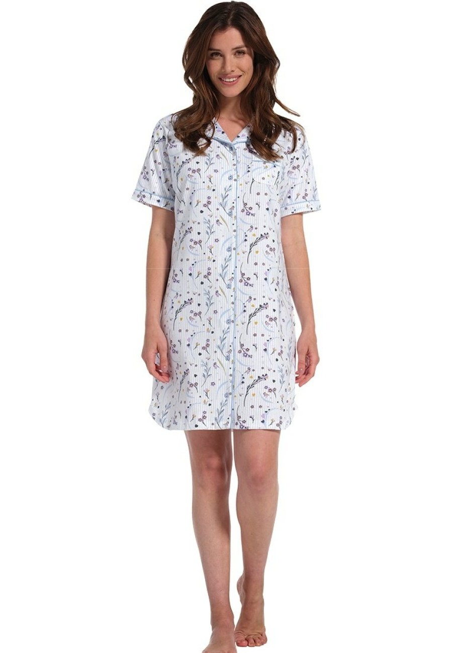 Pastunette Nightshirts | Pastunette Ladies Short Sleeve Full Button Nightdress 'Little Love Birds'