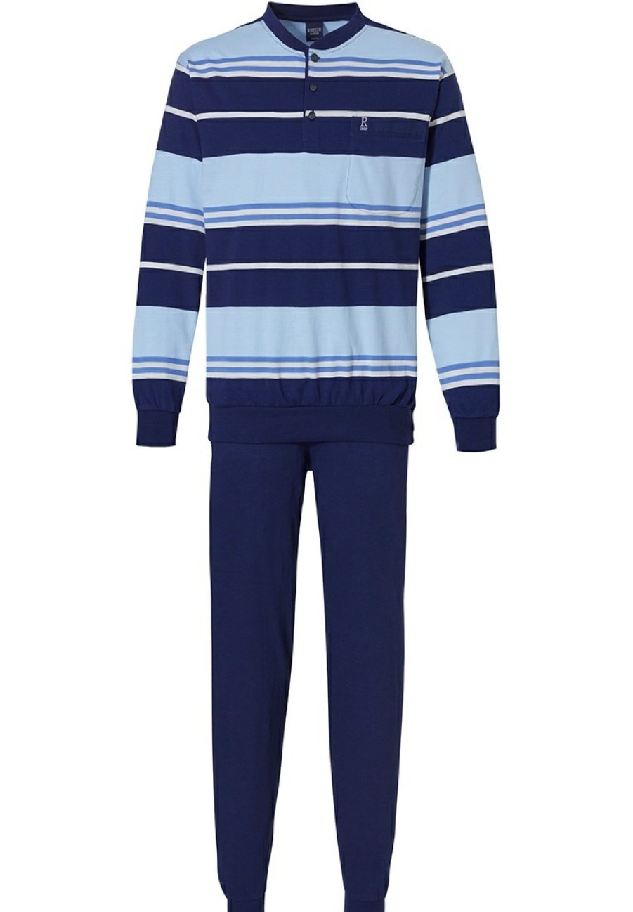 Robson Pyjamas | Robson Light Blue Cotton Pyjama With Buttons 'Sporty Stripes'